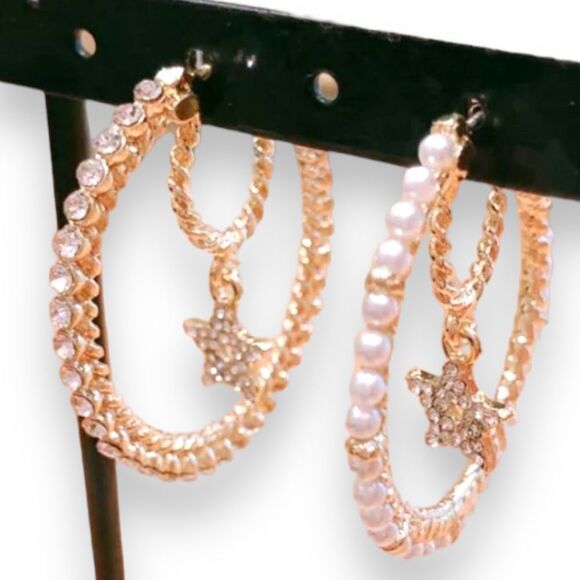 Gold Pearl Hoops Crystal Hanging Stars Double Hoop Post Earrings - Picture 1 of 3